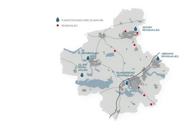 Kort over spildevandsanlæg i Skanderborg Kommune