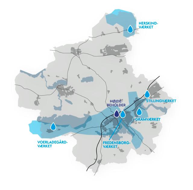Vandforsyningsanlæg og forsyningsområder vist på et kort