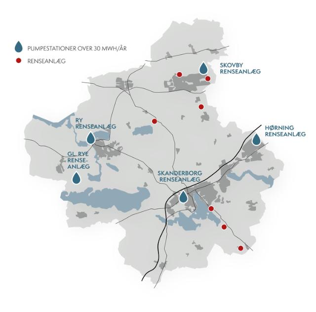 Spildevandanlæg i Skanderborg Kommune vist på et kort