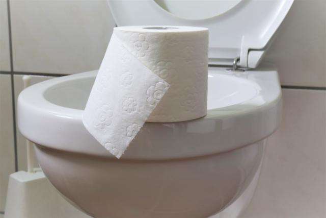 En rulle toiletpapir på kanten af en kumme